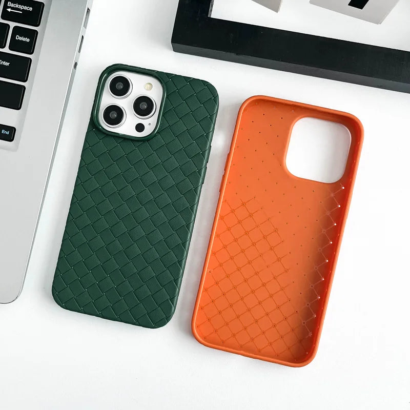Our premium case Braided Textured Phone Case for IPhone 16 15 14 11 12 13 Pro Max Liquid Silicone Knitted Pattern Breathable Cooling Back Cover for men