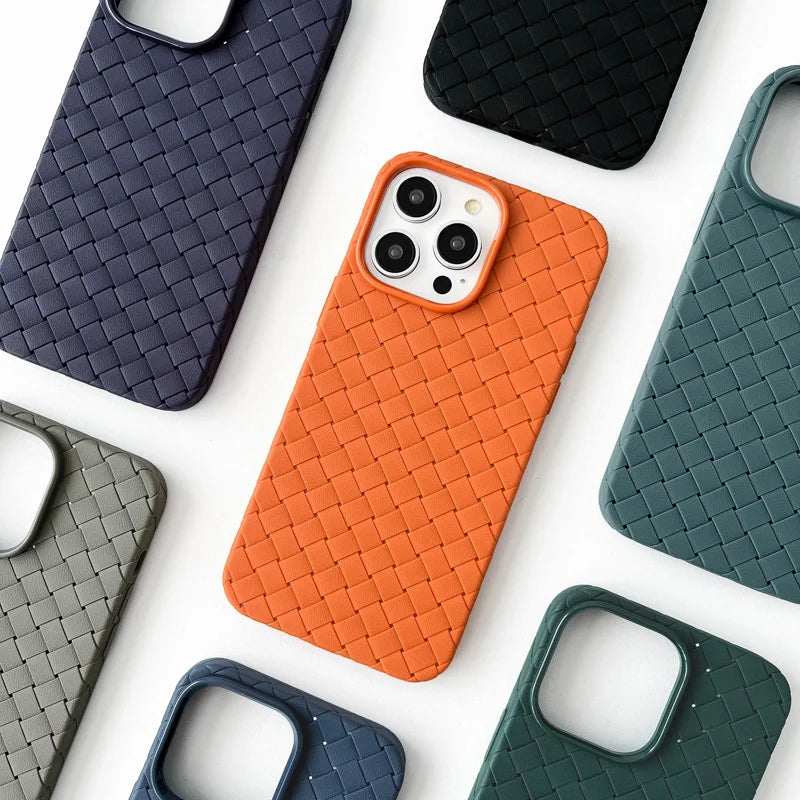 Our premium case Braided Textured Phone Case for IPhone 16 15 14 11 12 13 Pro Max Liquid Silicone Knitted Pattern Breathable Cooling Back Cover for men