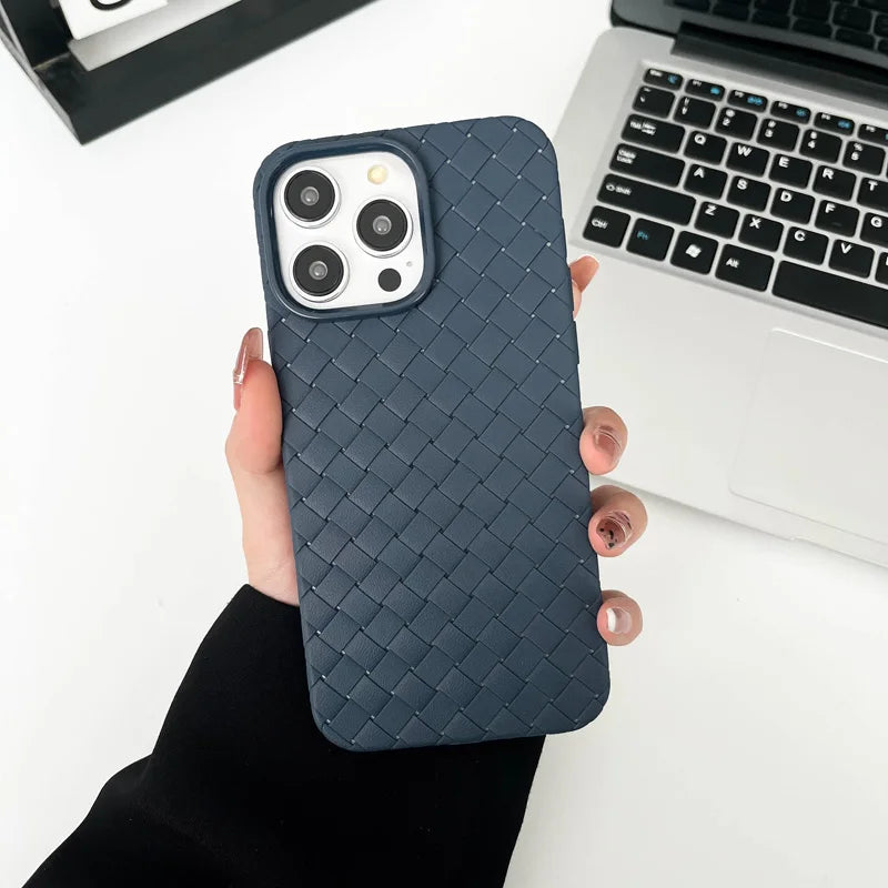Our premium case Braided Textured Phone Case for IPhone 16 15 14 11 12 13 Pro Max Liquid Silicone Knitted Pattern Breathable Cooling Back Cover for men